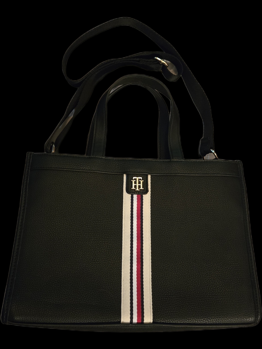 Tommy Hilfiger Black Leather Tote with Red-White-Blue Signature Stripe